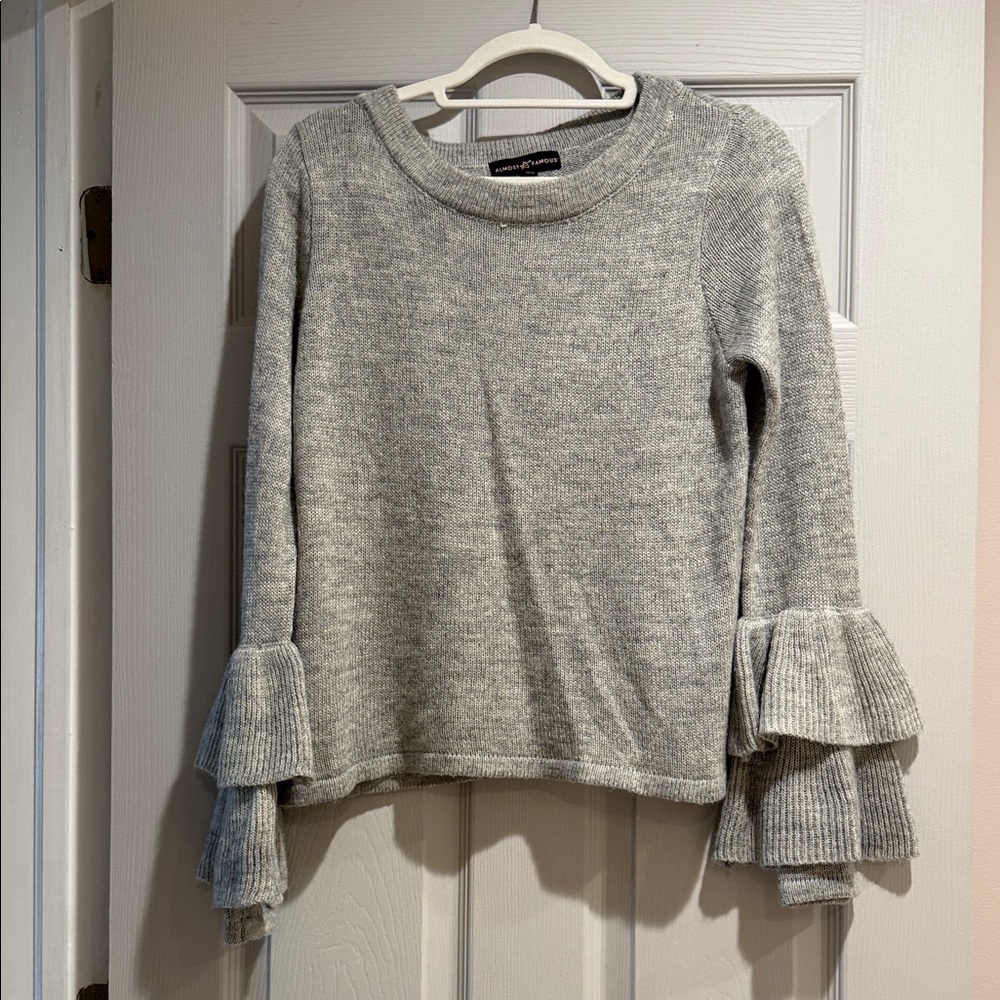 Gray Ruffle Sleeve Sweater